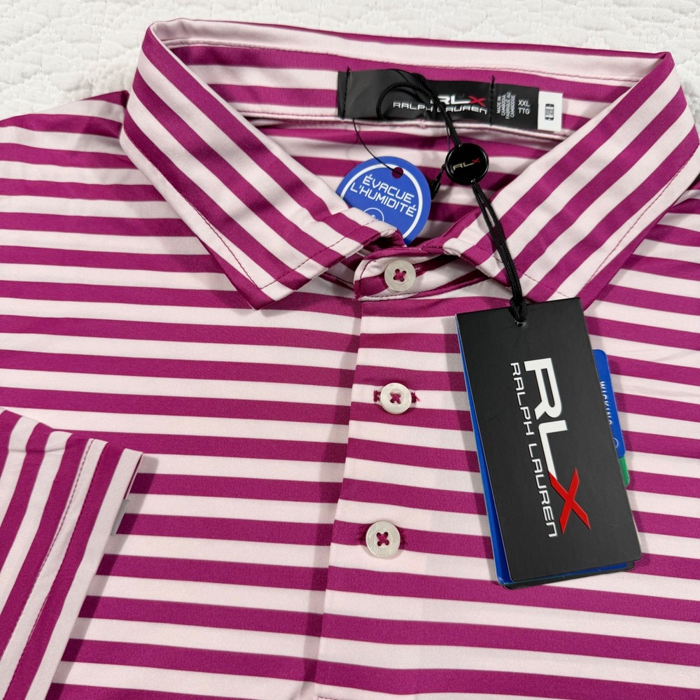 NWT RLX Ralph Lauren Mens Golf Polo Shirt Pink‎ White Stripe XXL Short Sleeve